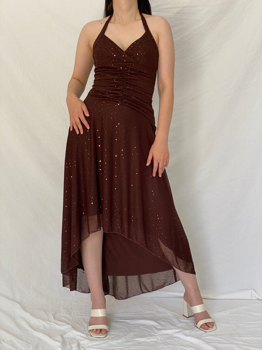 Vintage Y2K City Triangles Chocolate Brown Sequin Ruched Halter High-Low Maxi Dress - M