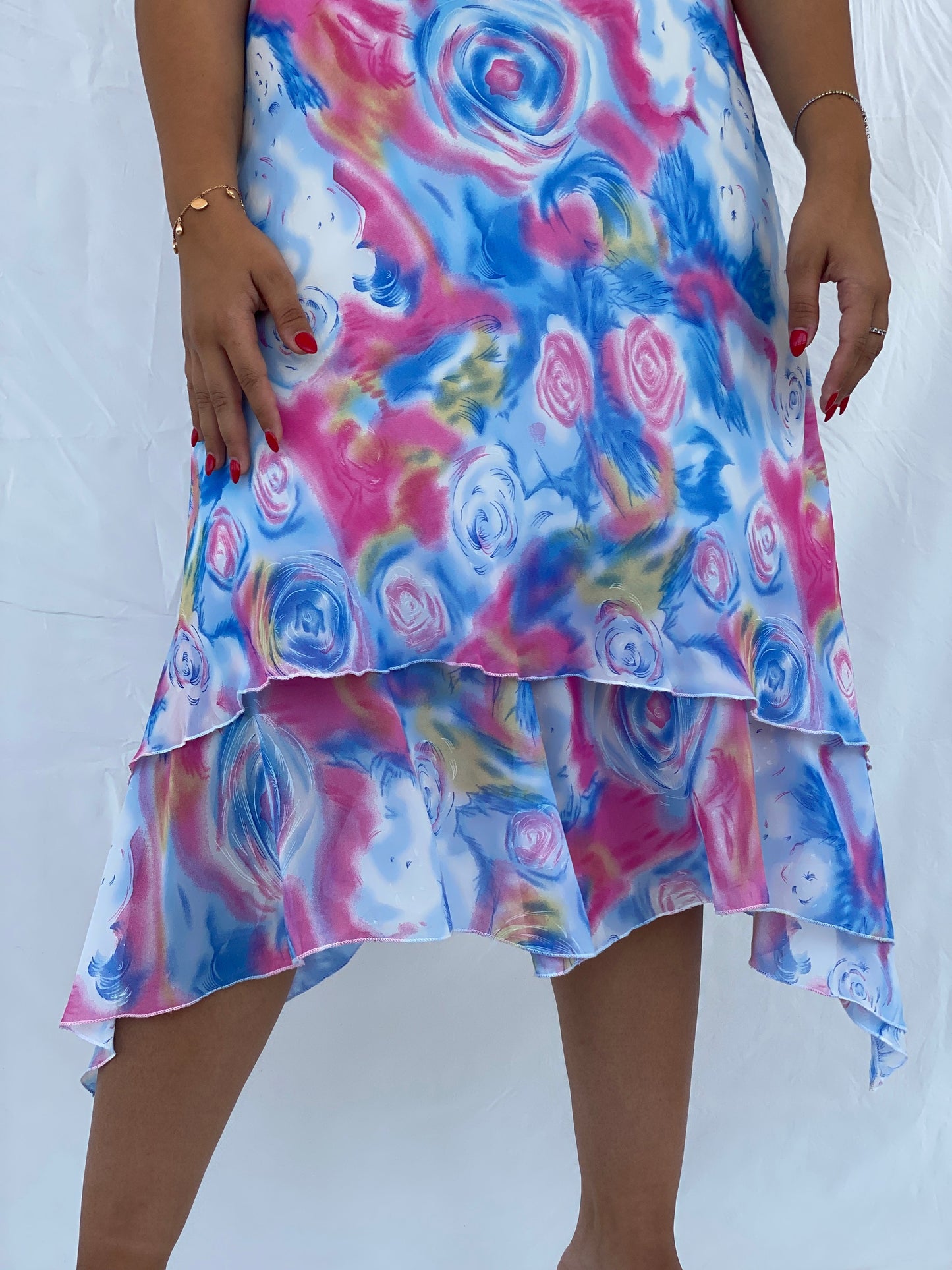 Vintage TYC Blue and Pink Floral Spaghetti Strap Midi Dress - XL