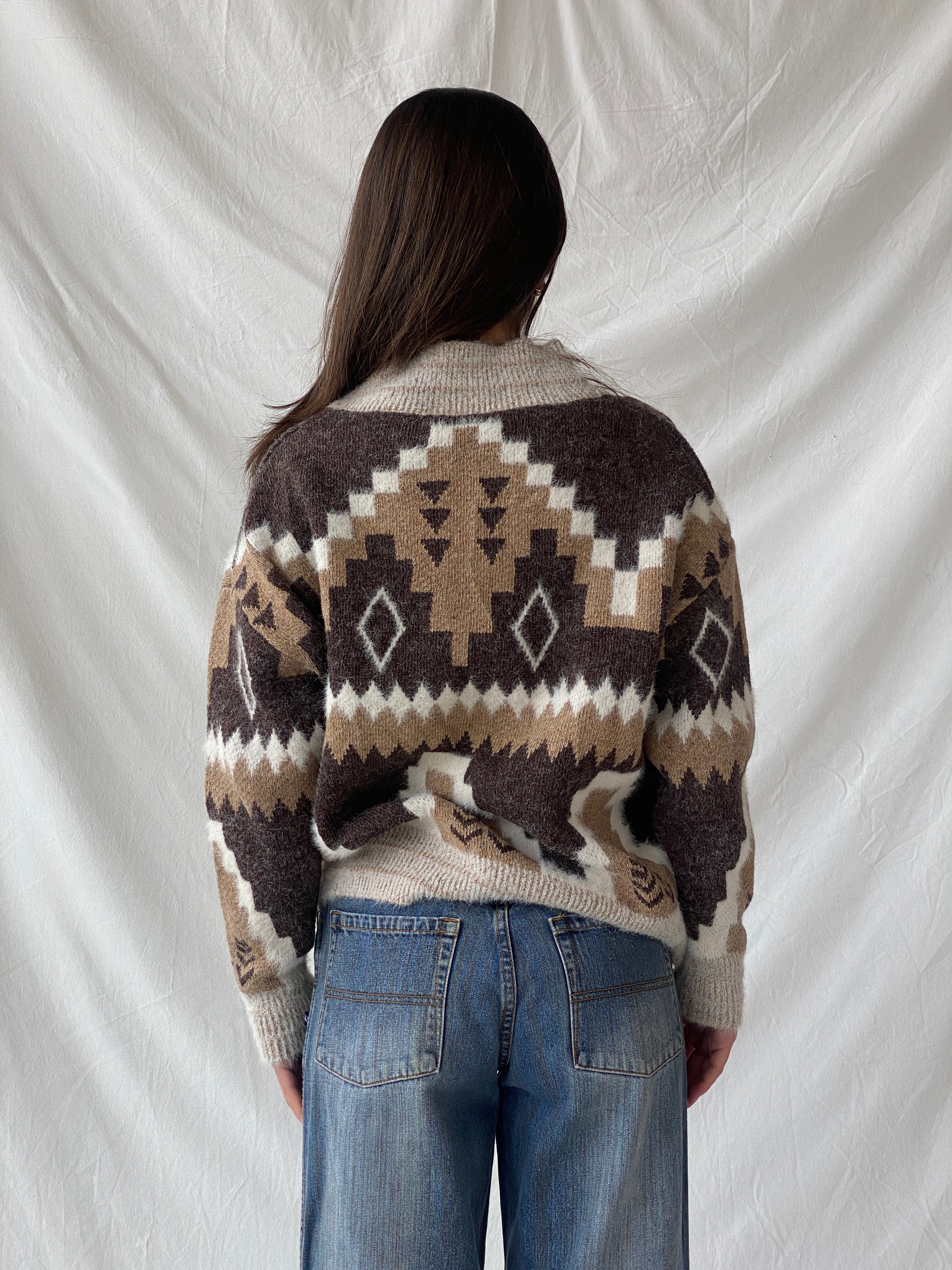 Vintage Wool & Mohair Geometric Icelandic Print V-Neck Handmade Knit Sweater - M