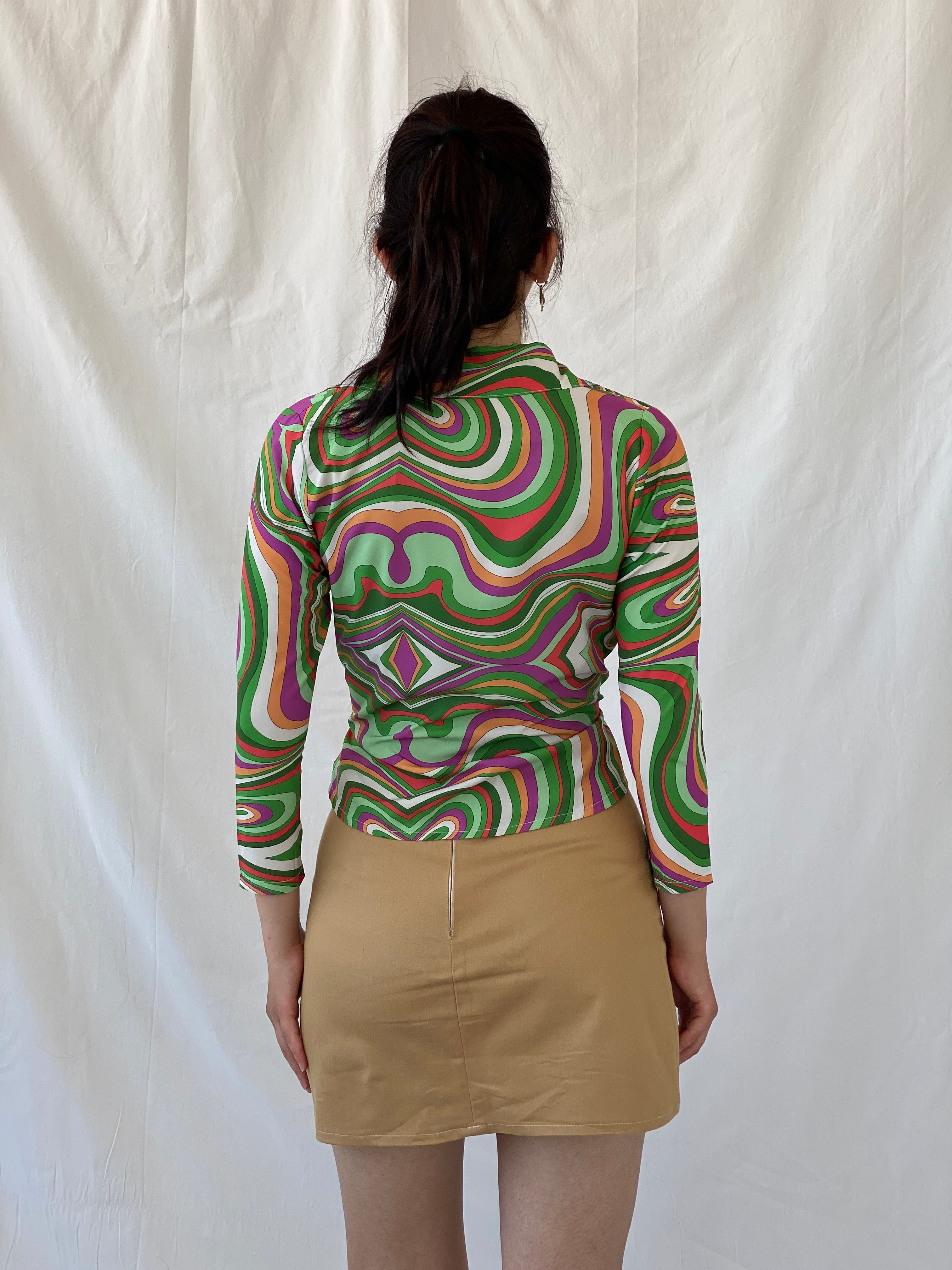 Vintage Psychedelic Print Shirt 70s Style Swirl Tie Front Blouse - M