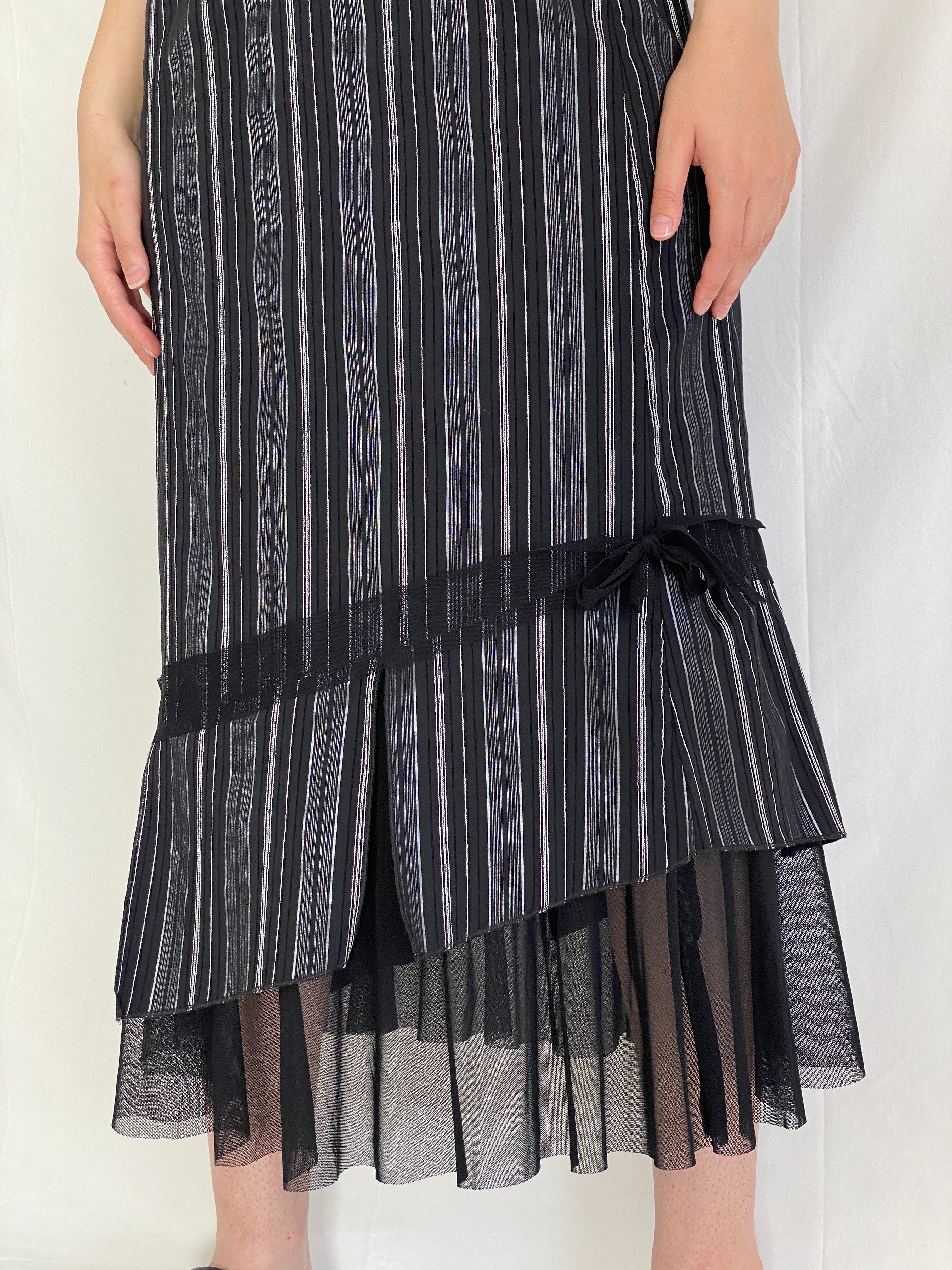 Vintage Wearhouse Black Silver Midi Striped Sheer Mesh Hem Whimsygoth Skirt - M