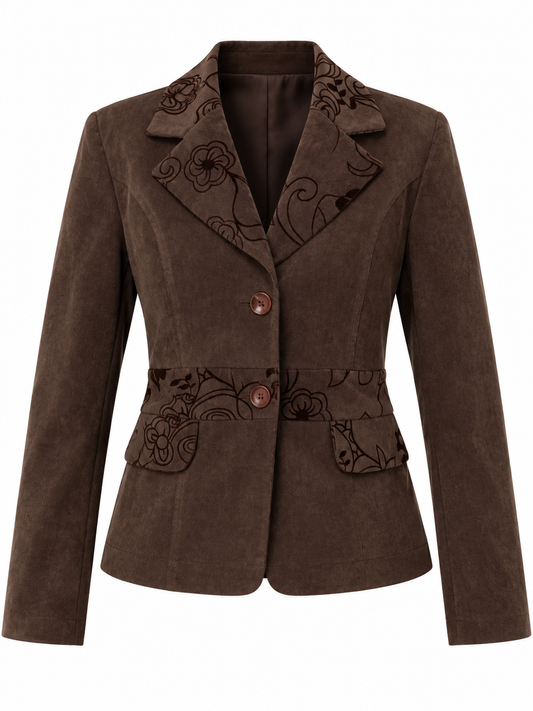 Vintage 90s Brown Textured Floral Blazer Jacket - M