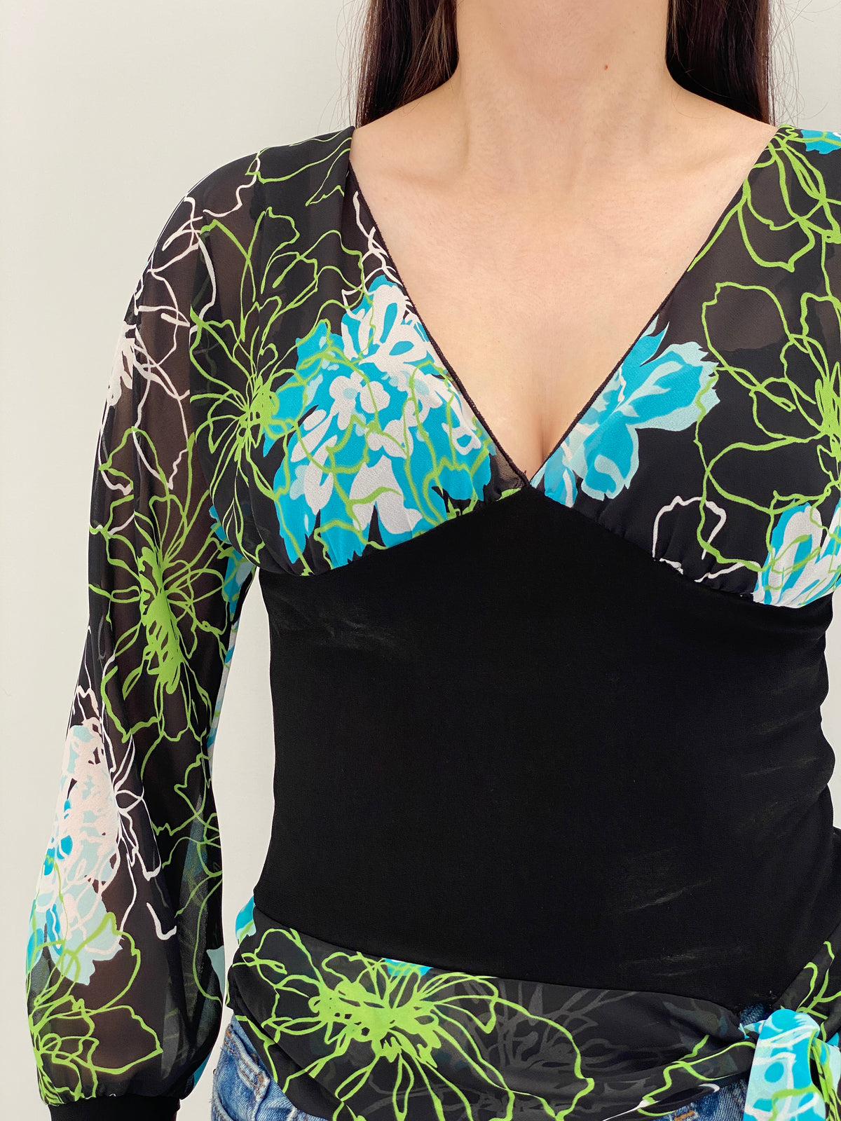 Vintage Y2K Co-me Como Black Floral Sheer Wrap Tie Top - M