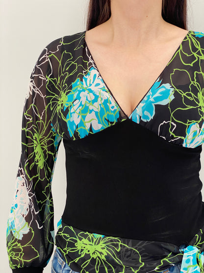 Vintage Y2K Co-me Como Black Floral Sheer Wrap Tie Top - M