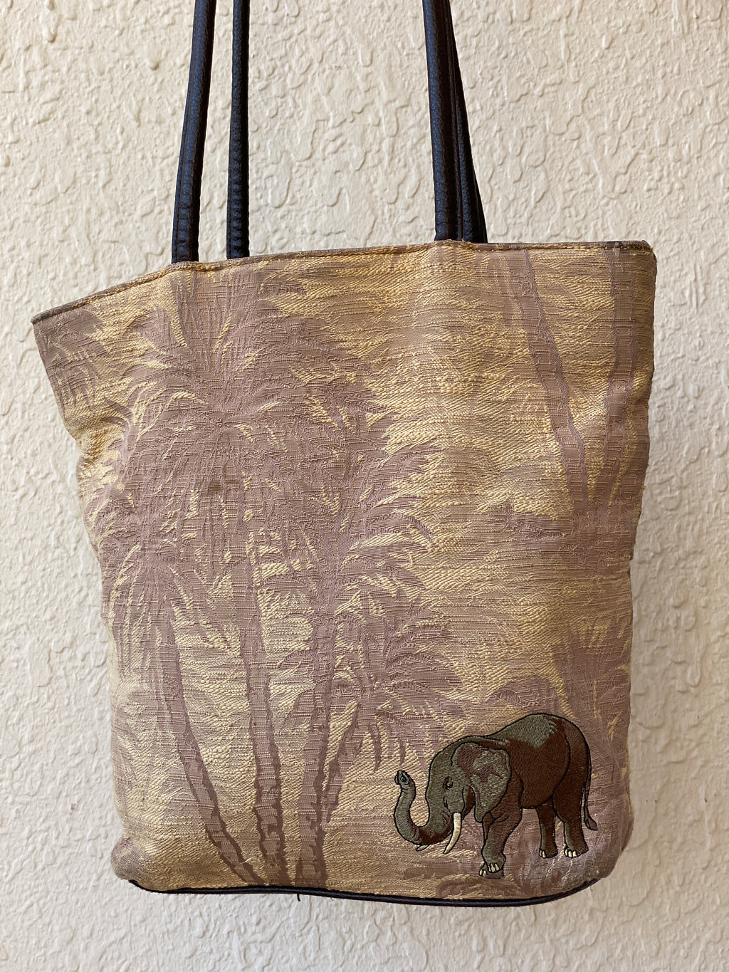Vintage Bueno Elephant Embroidered Tote Bag – Safari Jungle Print Shoulder Handbag