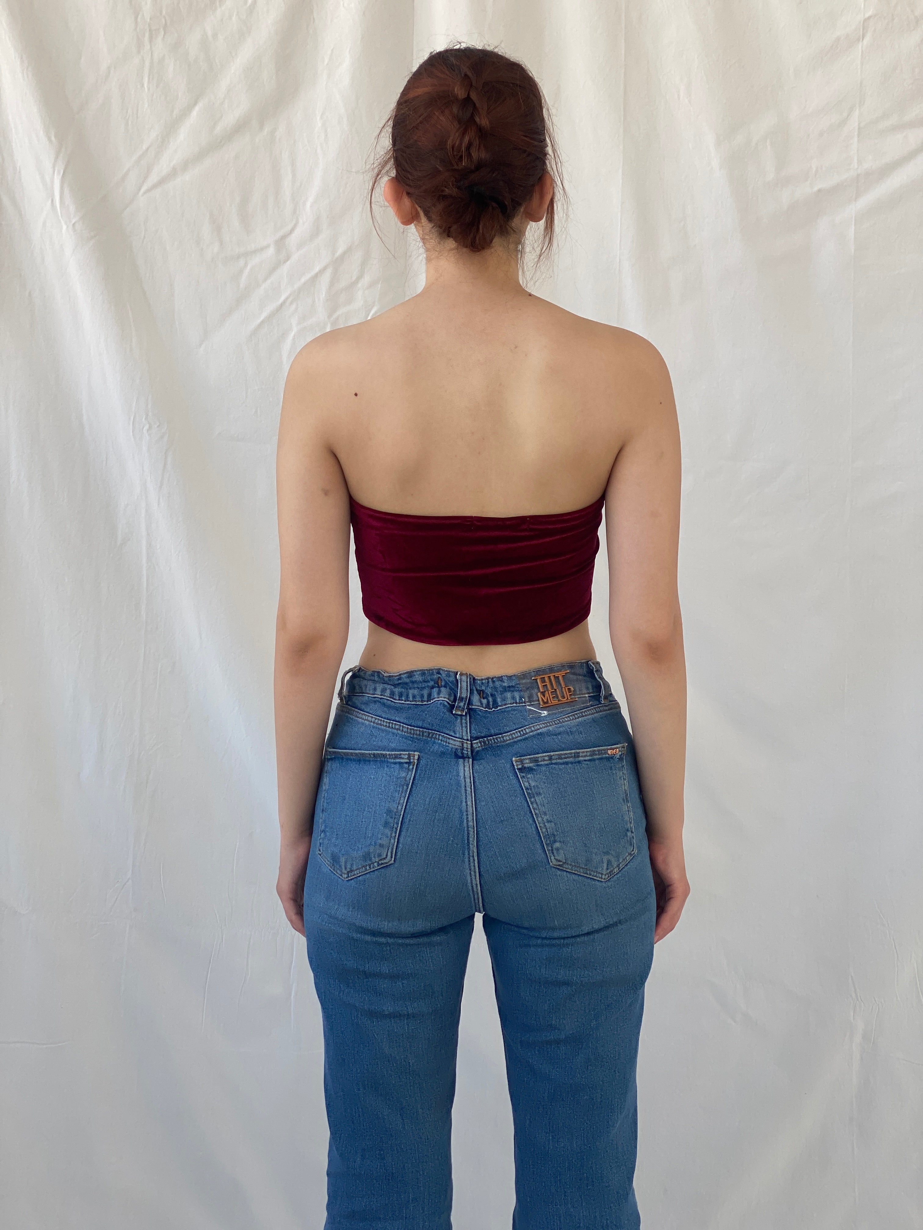 Y2K Supré Velvet Burgundy Crop Tube Bandeau Top - S