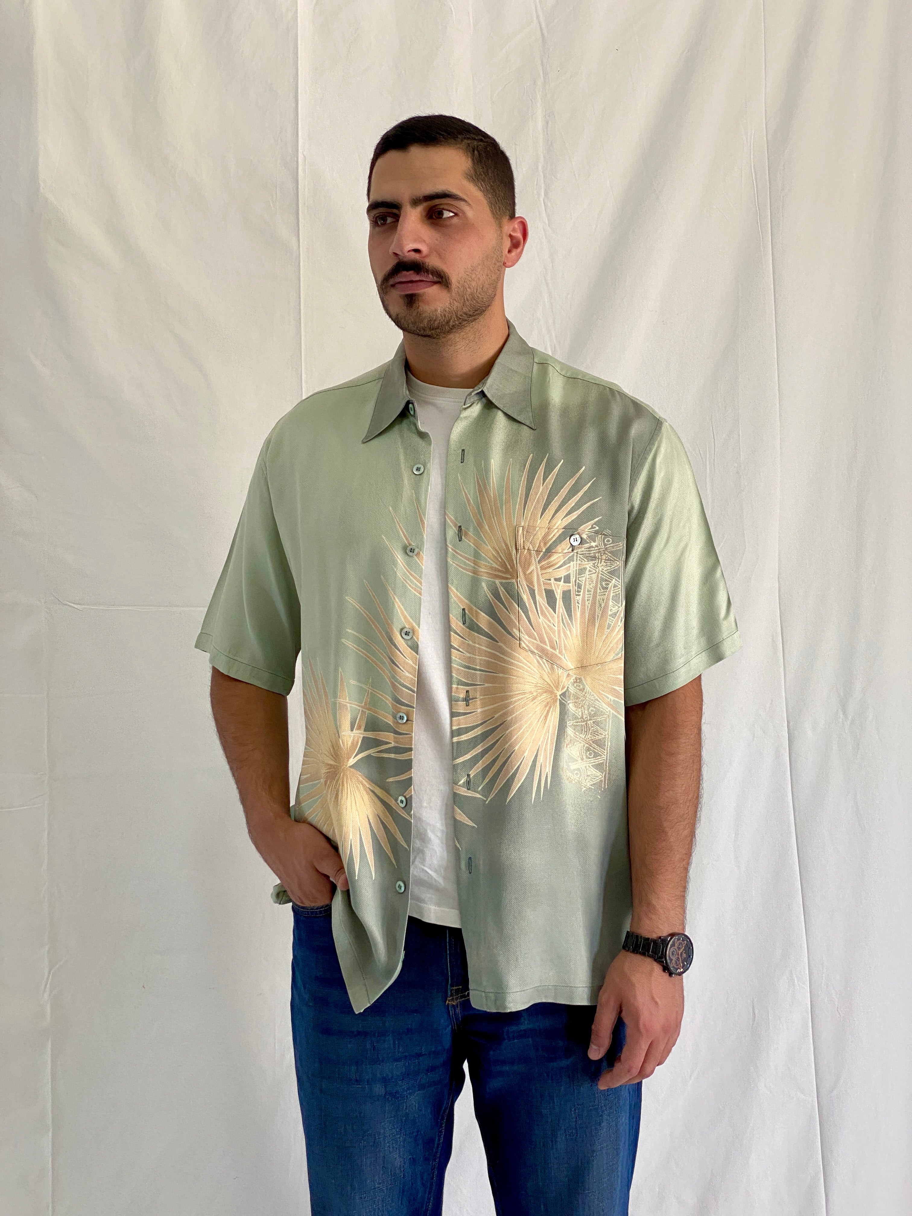 Tori Richard Honolulu Silk Blend Tropical Palm Leaf In Sage Green Men’s Hawaiian Aloha Shirt - L