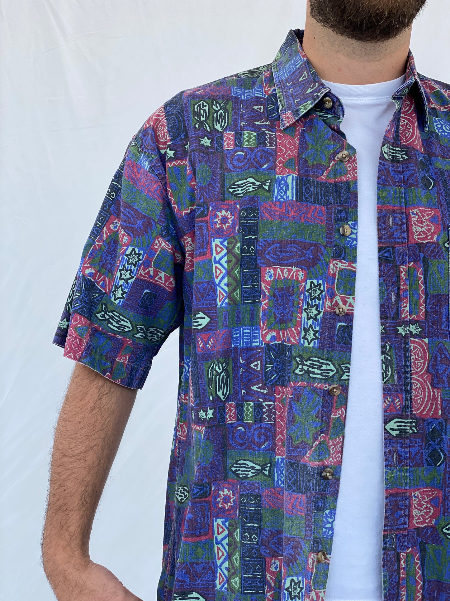 Vintage American Blue Printed Purple Short-Sleeve Cotton Shirt - L