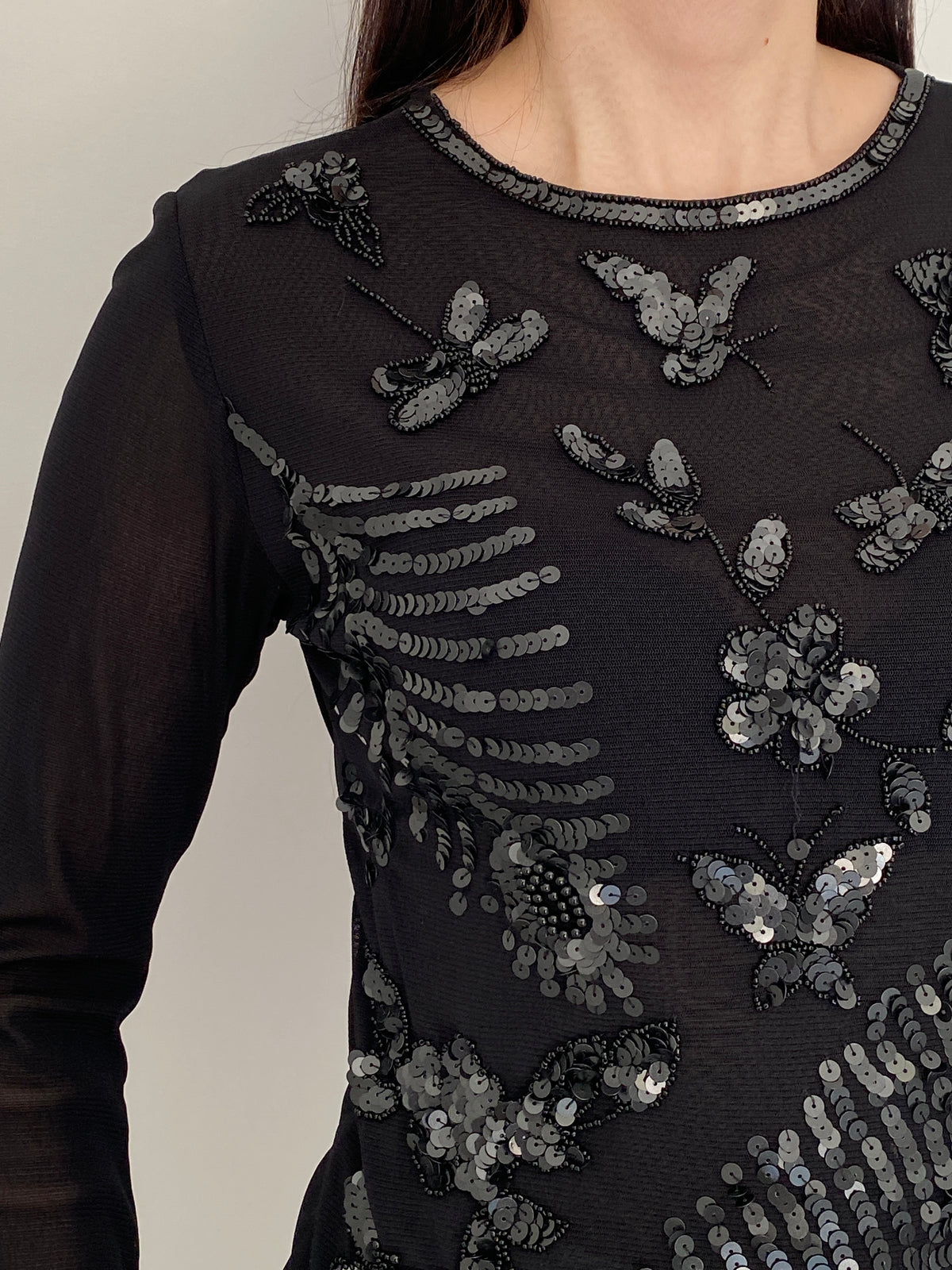 Vintage Poncho Black Mesh Beaded Sequin Butterfly Floral Top – S