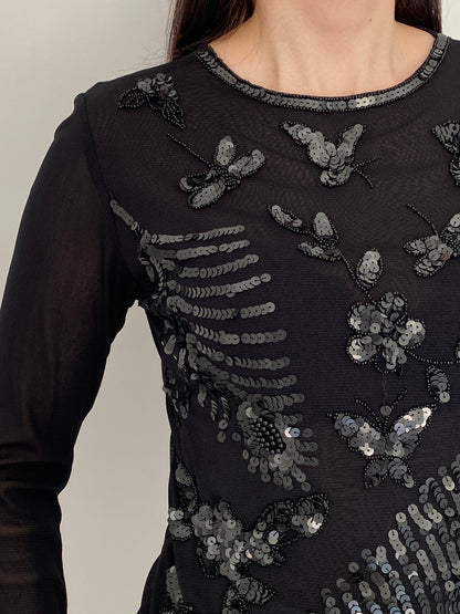 Vintage Poncho Black Mesh Beaded Sequin Butterfly Floral Top – S