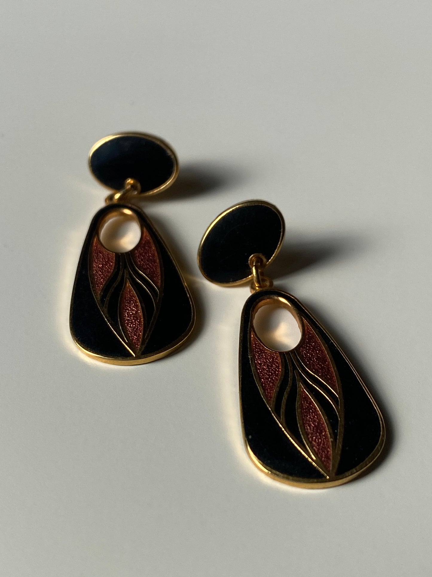 Vintage Isle of Skye Art Deco Enamel Drop Earrings - Gold Tone Celtic Design