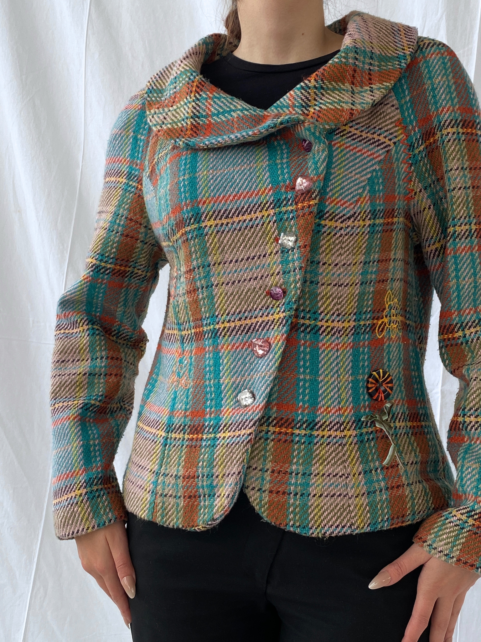 Vintage Rainbow Plaid Whimsy Exaggerated Collar Women’s Blazer - L