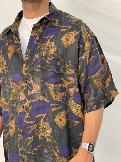 Vintage 90s Silks Stone Original Abstract Print Silk Black Purple Shirt – XL