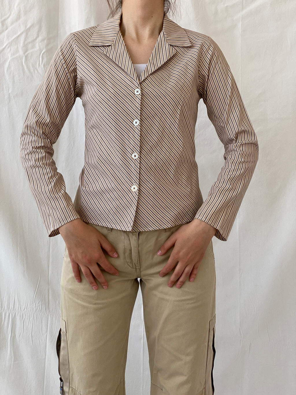 Y2K Rampage Striped Beige Long Sleeve Office Women’s Cotton Shirt - M