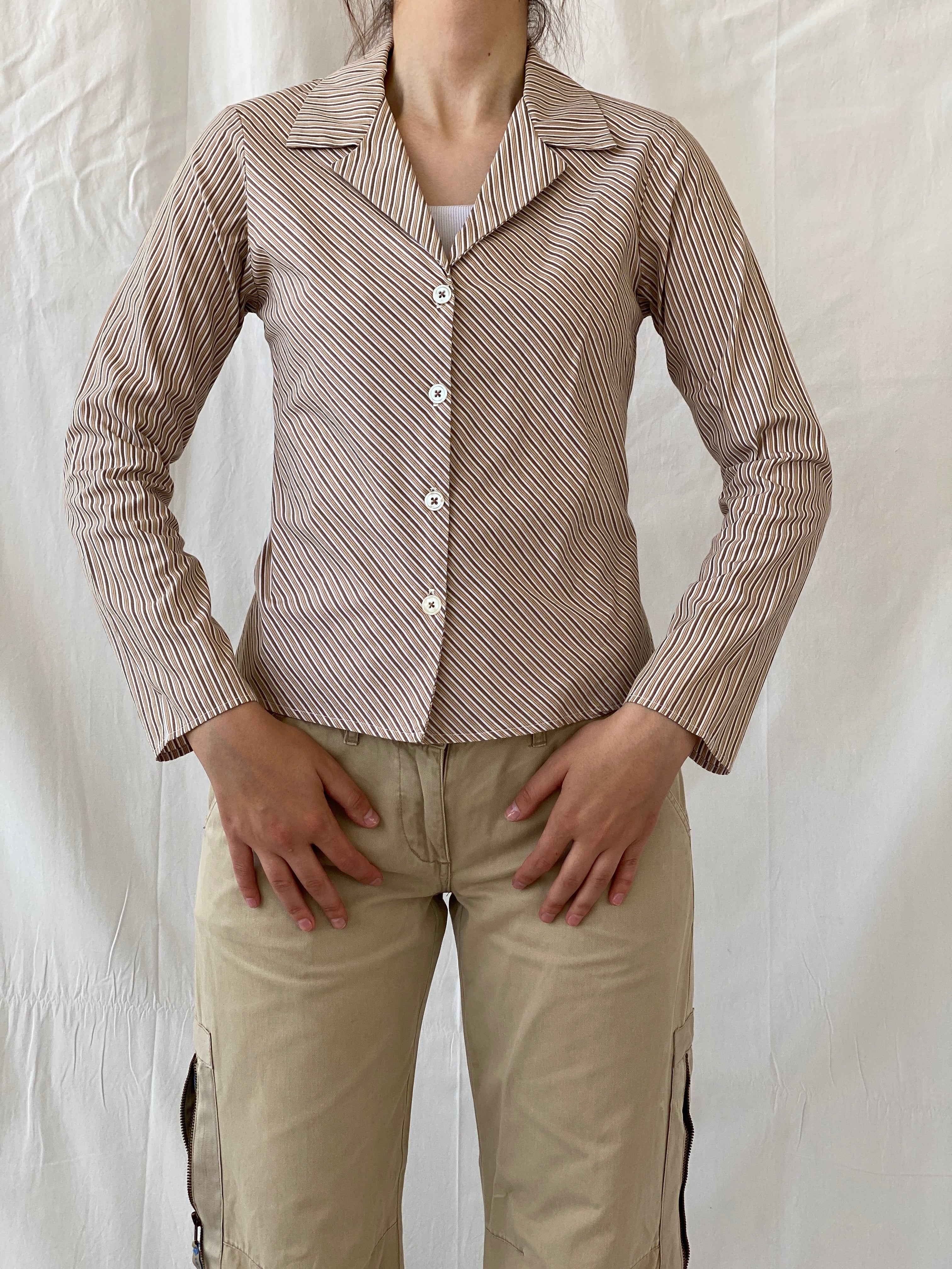 Y2K Rampage Striped Beige Long Sleeve Office Women’s Cotton Shirt - M