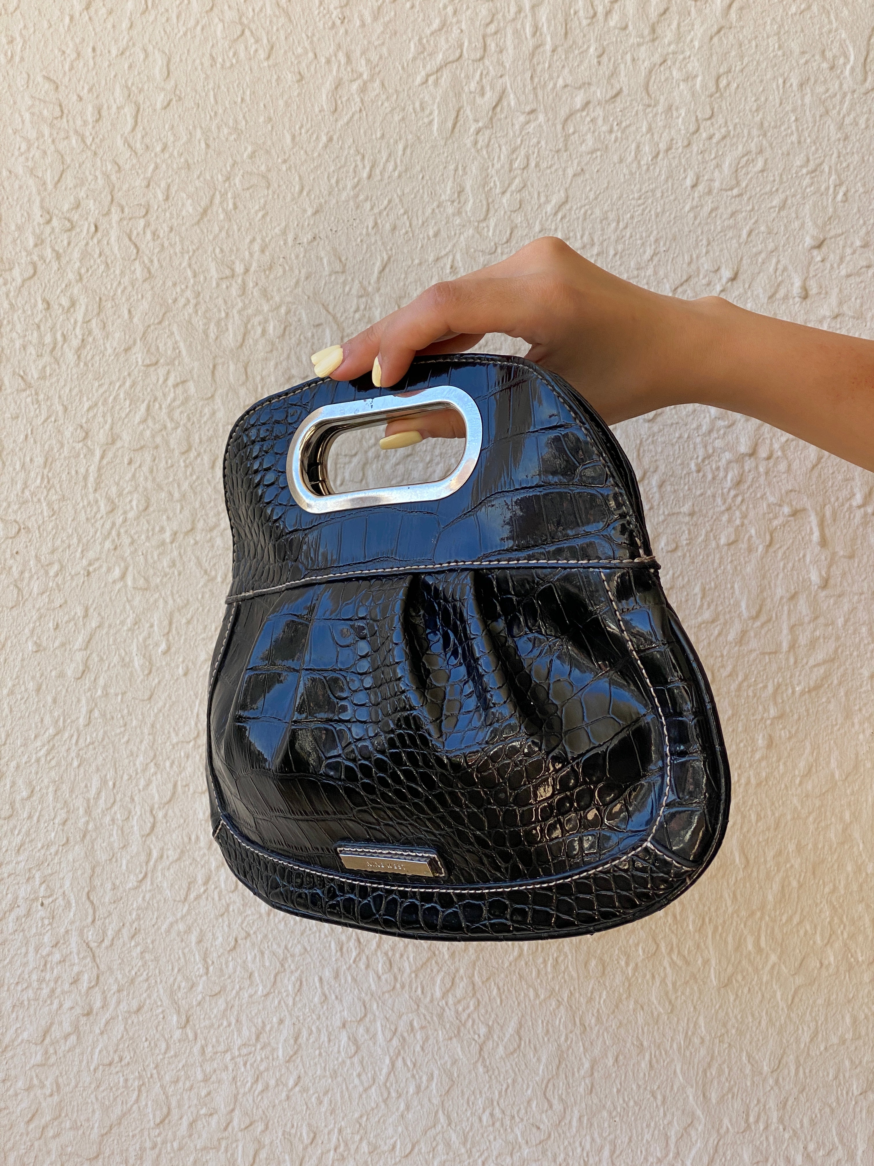 Vintage Nine West Croc-Embossed Faux Patent Leather Black Clutch Bag with Cutout Handle