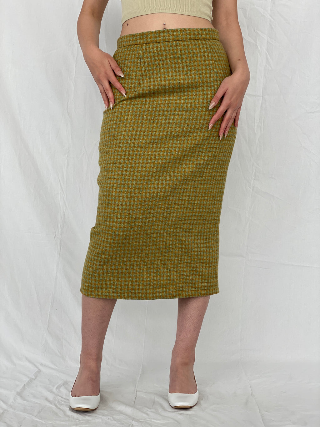 Vintage Handmade Checkered Yellow & Green Wool Blend Blazer Skirt Set - M