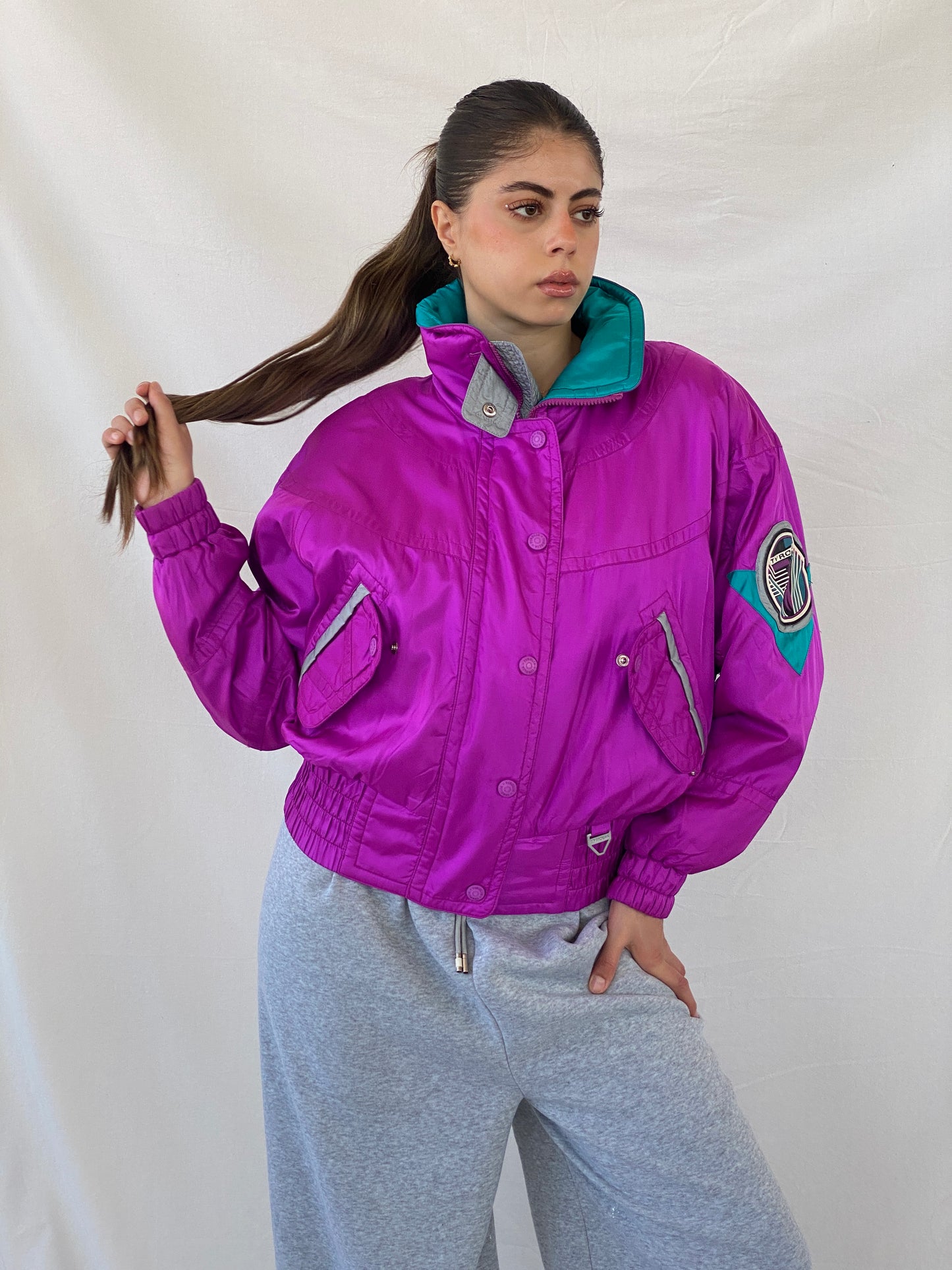 80s/90s TYROLIA Skiwear Pink and Green Ski Puffer Jacket - M