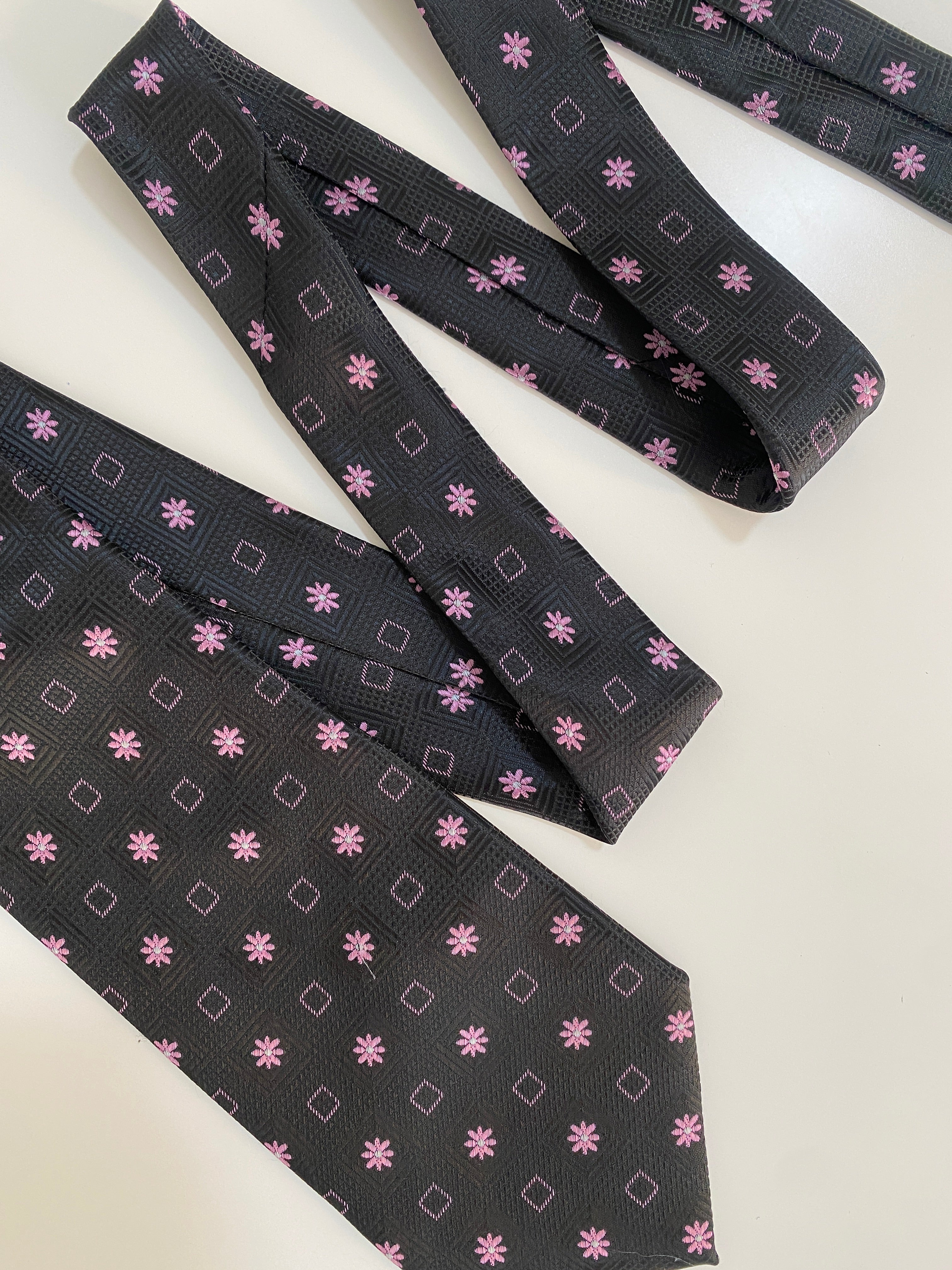 Vintage Silk Land Tie - Black with Pink Floral Geometric Pattern