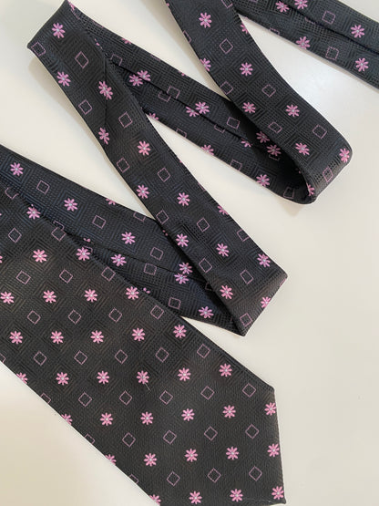 Vintage Silk Land Tie - Black with Pink Floral Geometric Pattern