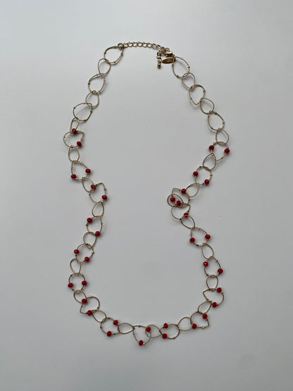 Vintage NY Gold Tone Open Link Chain Necklace with Red Crystal Beads
