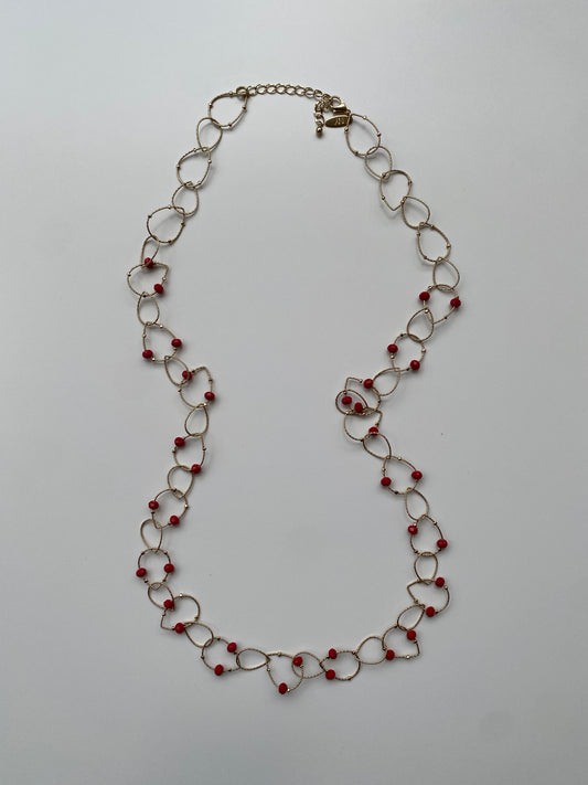 Vintage NY Gold Tone Open Link Chain Necklace with Red Crystal Beads