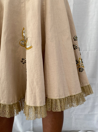 Vintage Y2K KS Embroidered Beige Midi Tulle Hem Skirt - XS