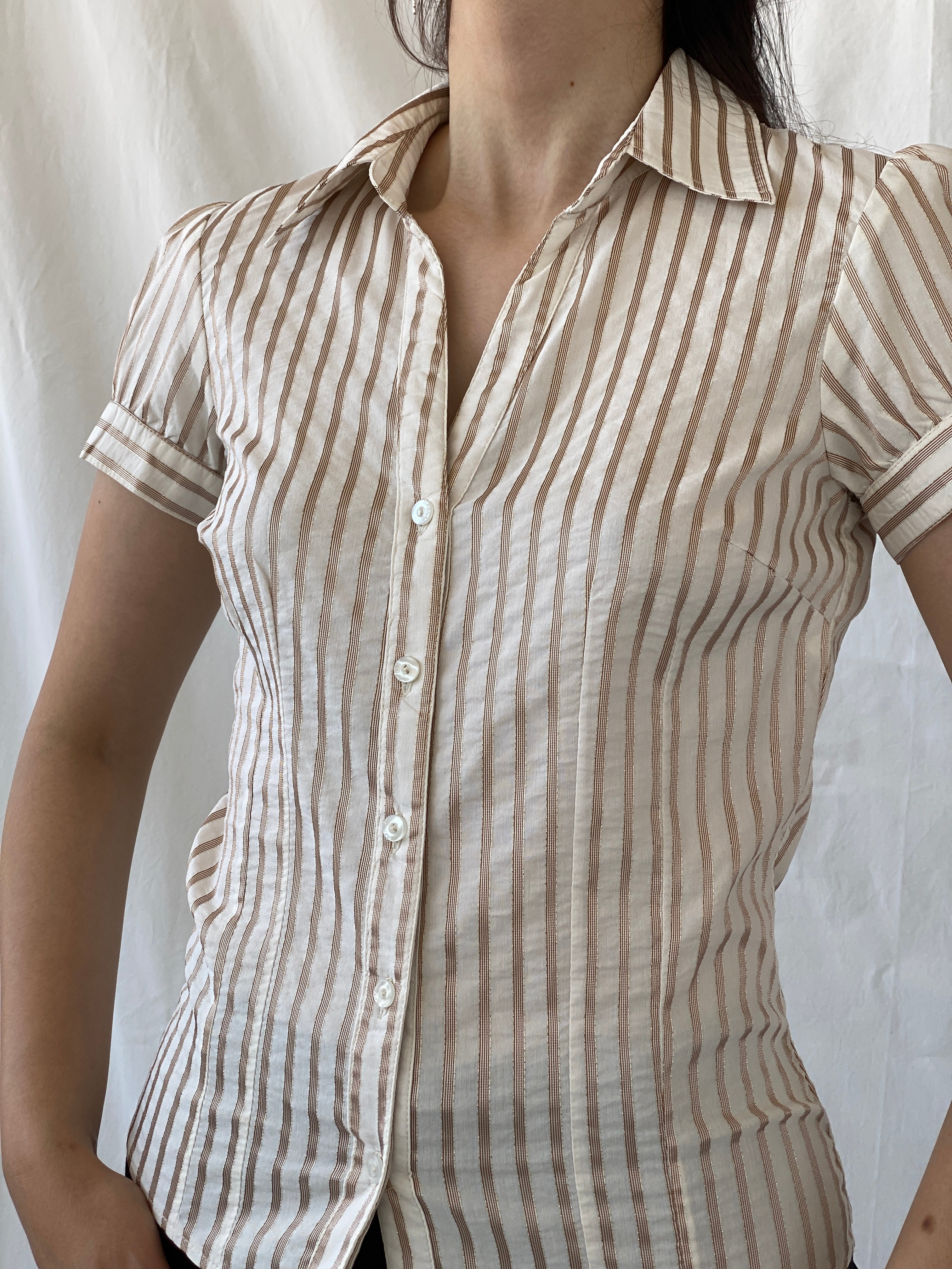 Vintage Y2K Naf Naf Beige White Gold Stitching Striped Officecore Shirt - M