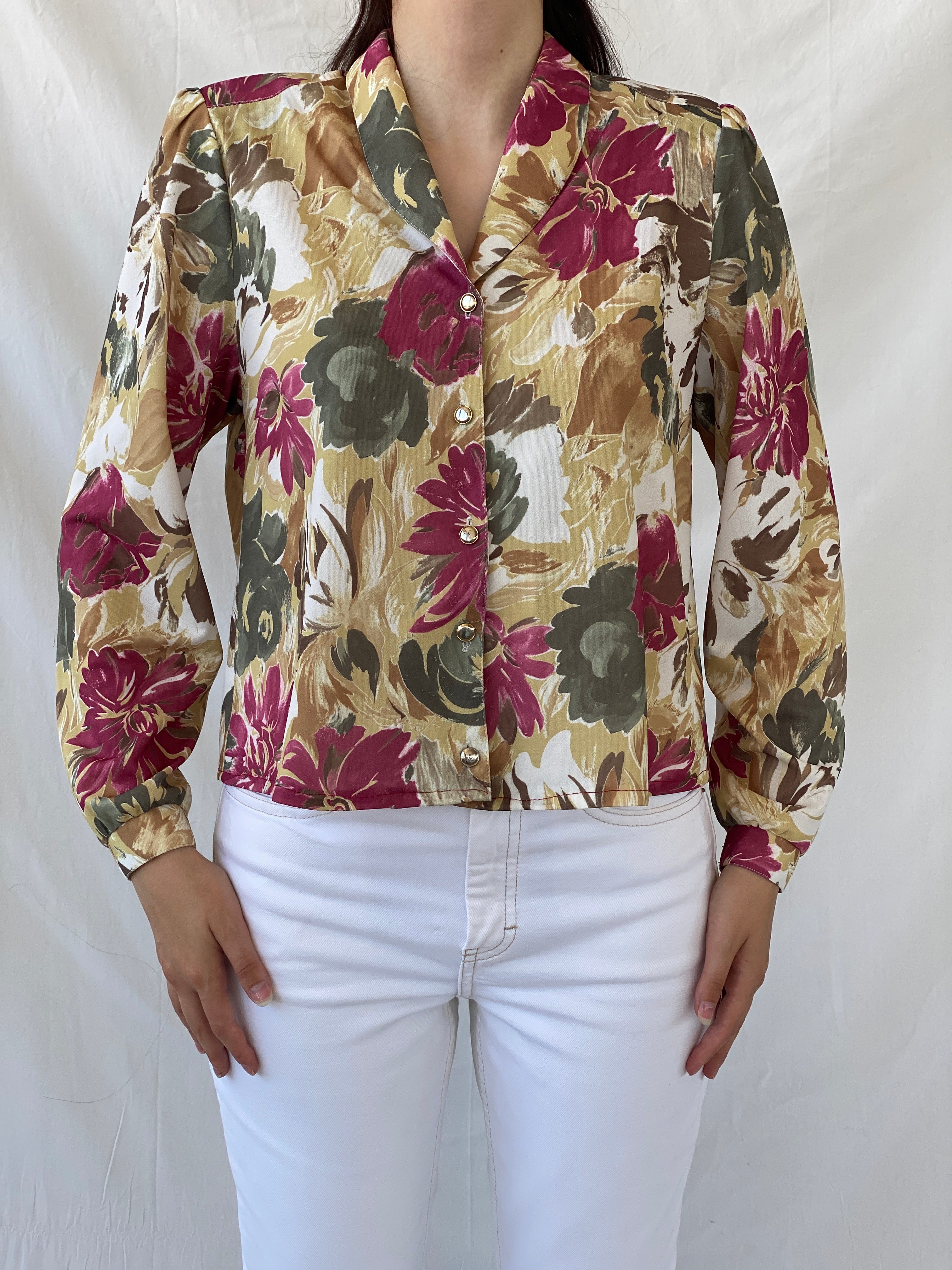 Vintage Colorful Floral Full Sleeve Button Up Office Shirt - L