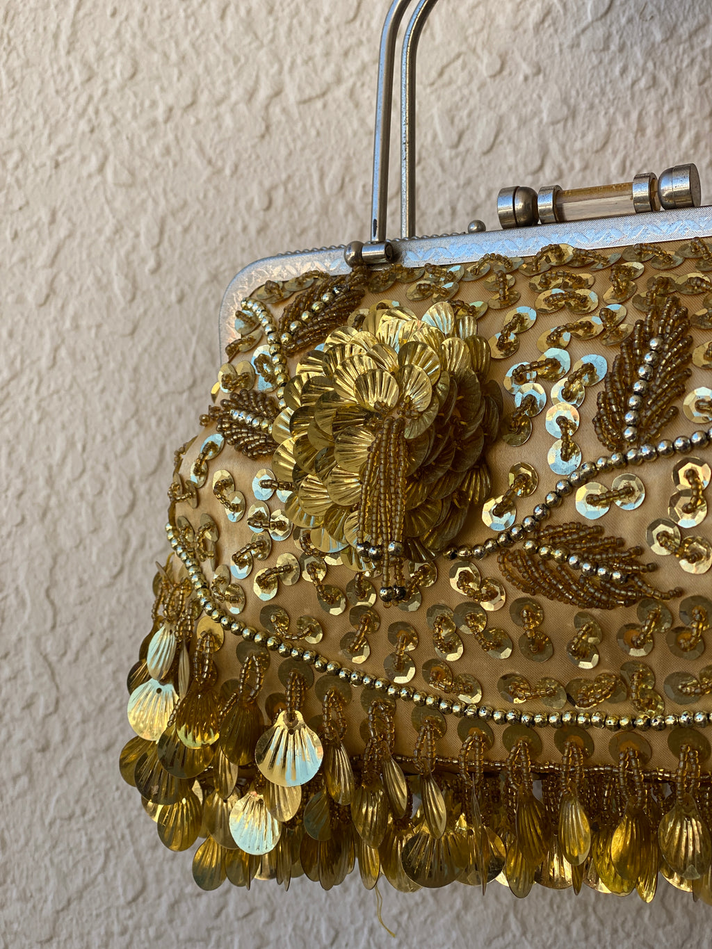 Vintage Gold Beaded Evening Clutch Sequined Metal Handle Bag