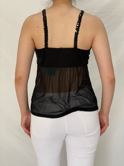 Vintage Y2K Black Party Evening Sequin Trim Sheer Mesh Cami Top - M