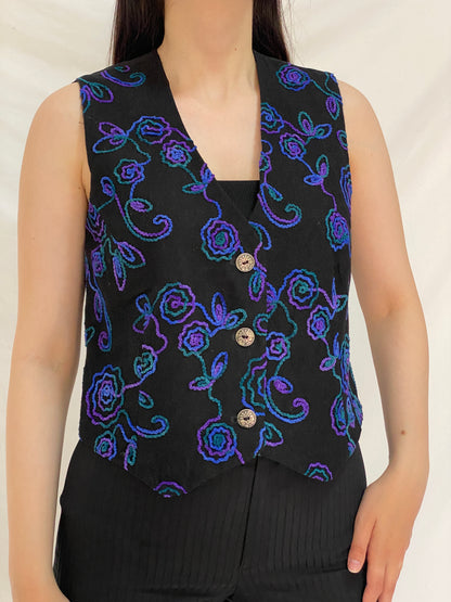 Vintage Embroidered Wool Blend Floral Vest Black Purple Boho Button Waistcoat – M