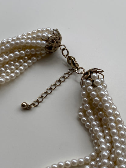 Vintage Cream Multi-Strand Twisted Faux Pearl Torsade Necklace with Filigree Gold End Caps