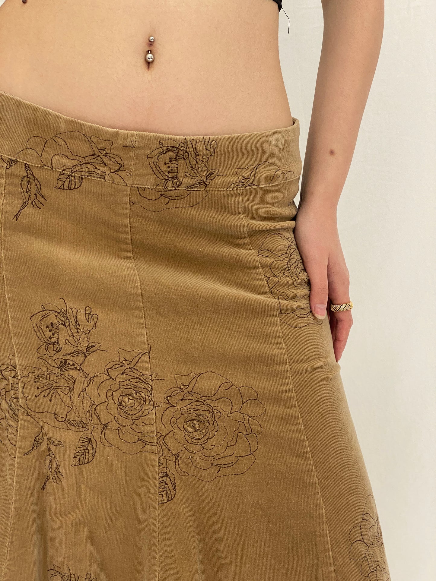 Vintage 00s Papaya Corduroy Floral Embroidered A-Line Skirt - M