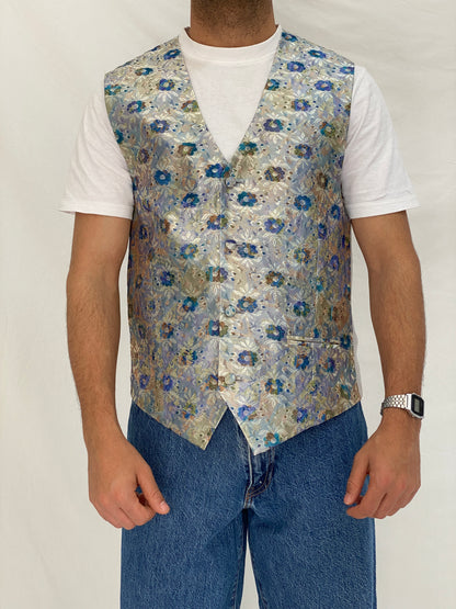 Vintage Anne Surkamp-Kramer Floral Vest Silver Blue Metallic Waistcoat Vest - M