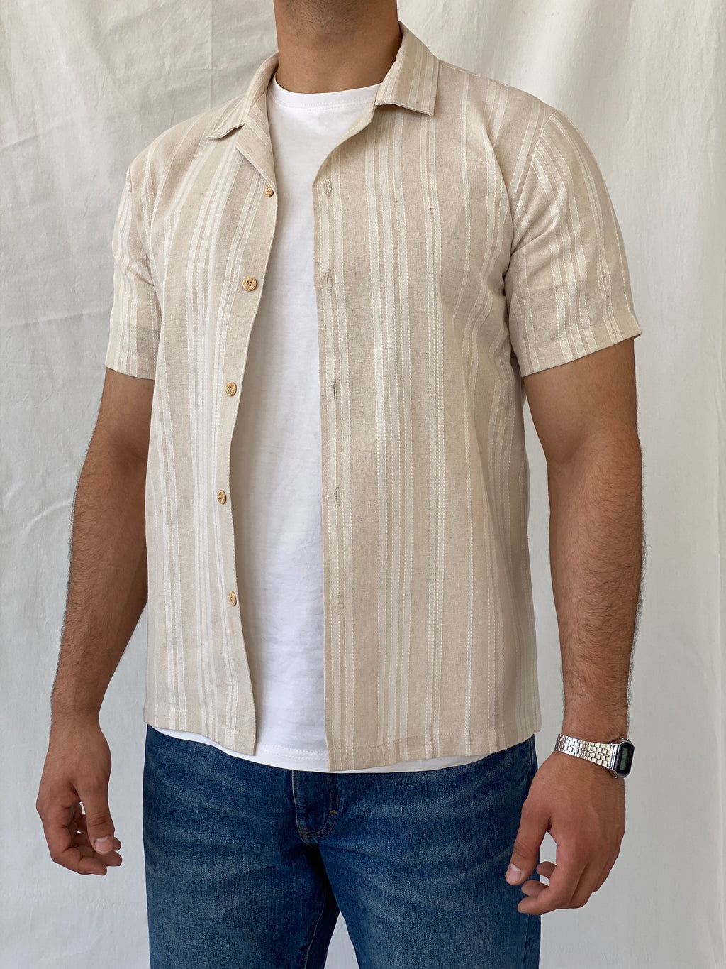 Kana Maru Striped Beige Half Sleeve Button Up Men’s Shirt - M