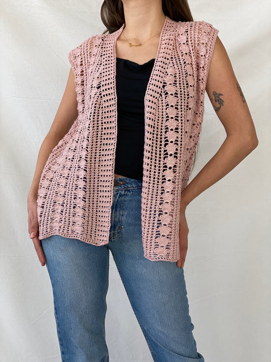 Vintage Handmade Shimmery Pink Knitted Crochet Vest - XL