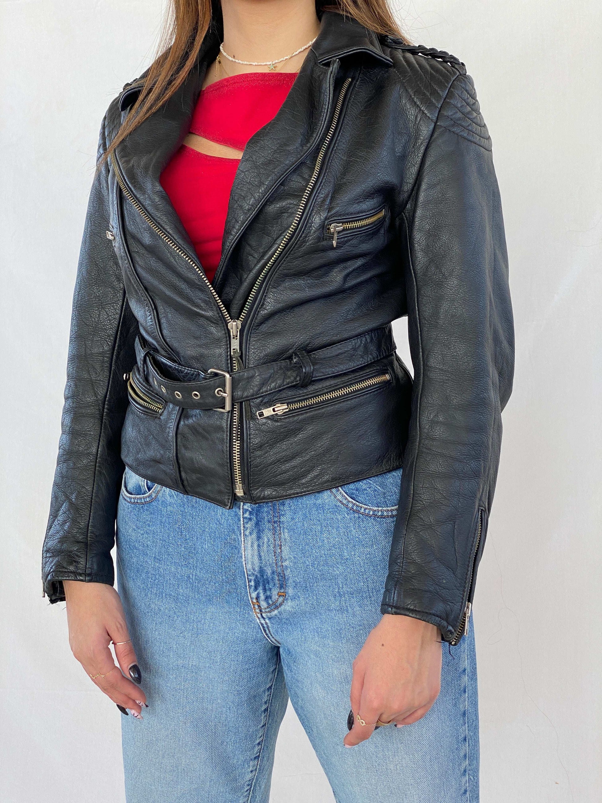 Vintage Heavy Genuine Leather Bikers Jacket - Balagan Vintage Leather Jacket 90s, black leather, genuine leather, genuine leather jacket, Juana, NEW IN