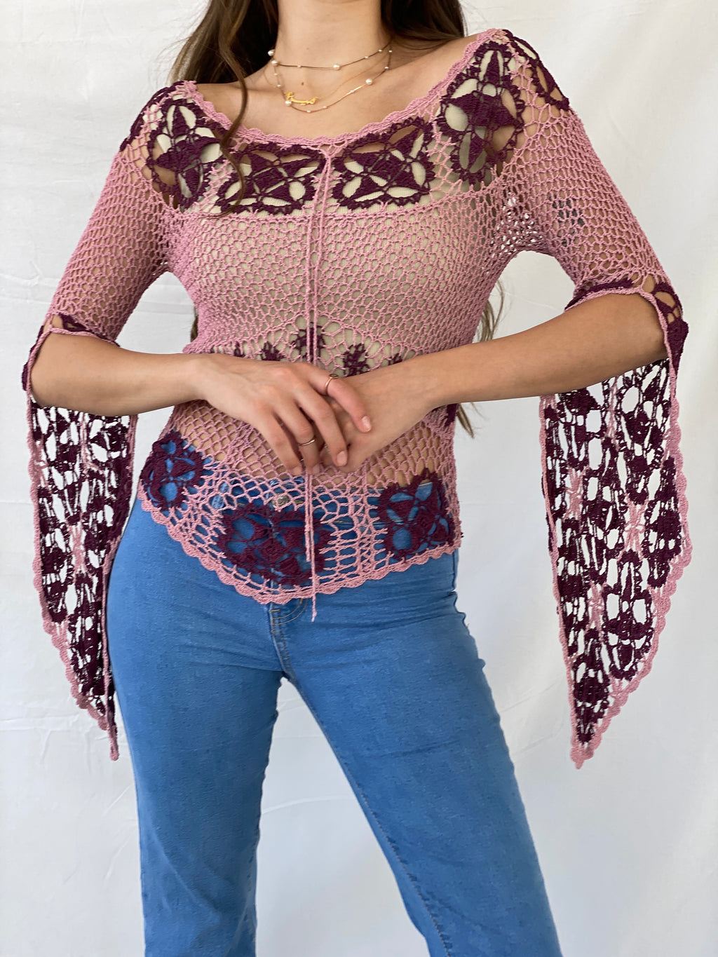 Y2K Crochet Fairy Pink Bell Sleeve Top - M