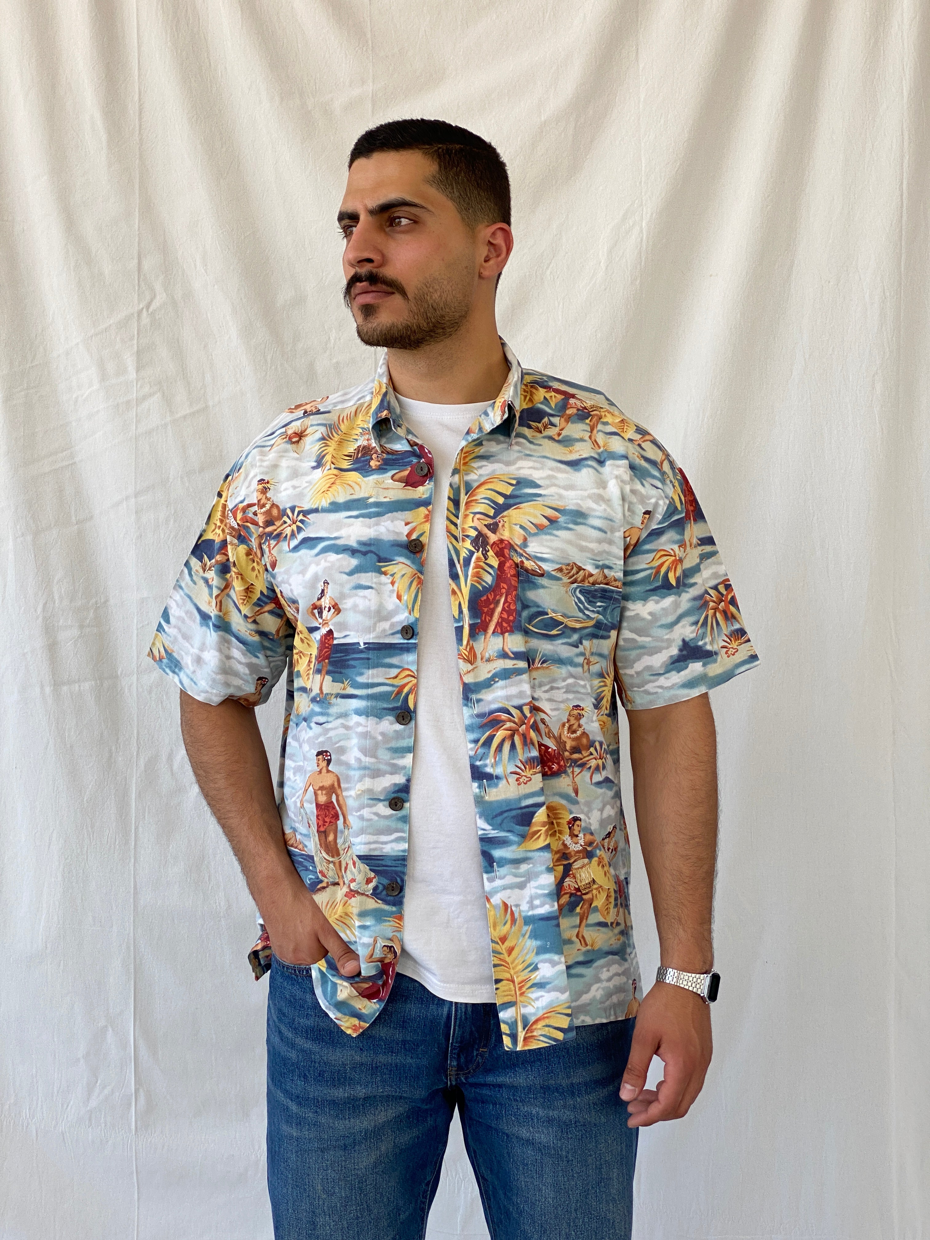 Vintage Robert Stock Hula Dancers Printed Short Sleeve Hawaiian Button Up Men’s Shirt - L