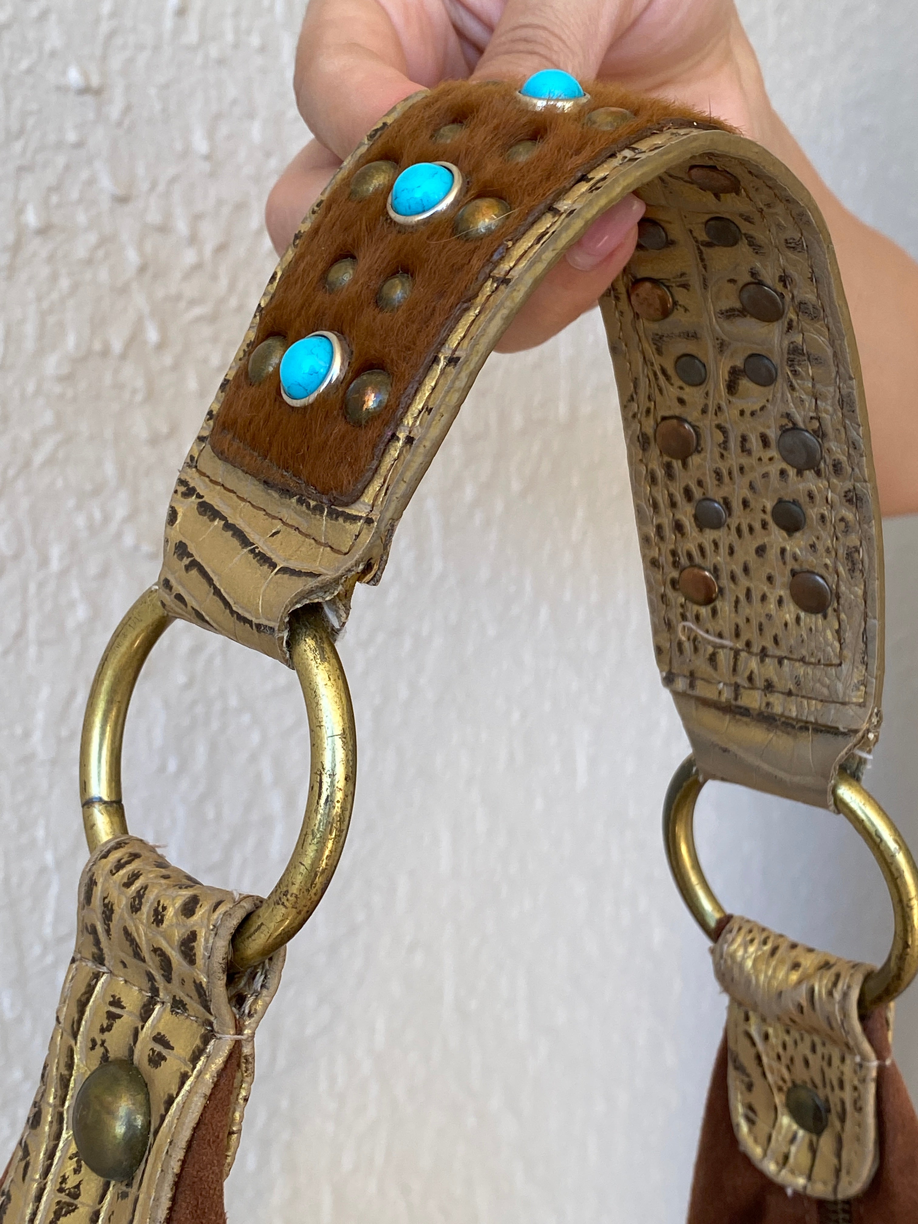 Gorgeous Kathy Van Zeeland Brown Vegan Suede Gold Faux Leather Trim Western Boho Shoulder Bag