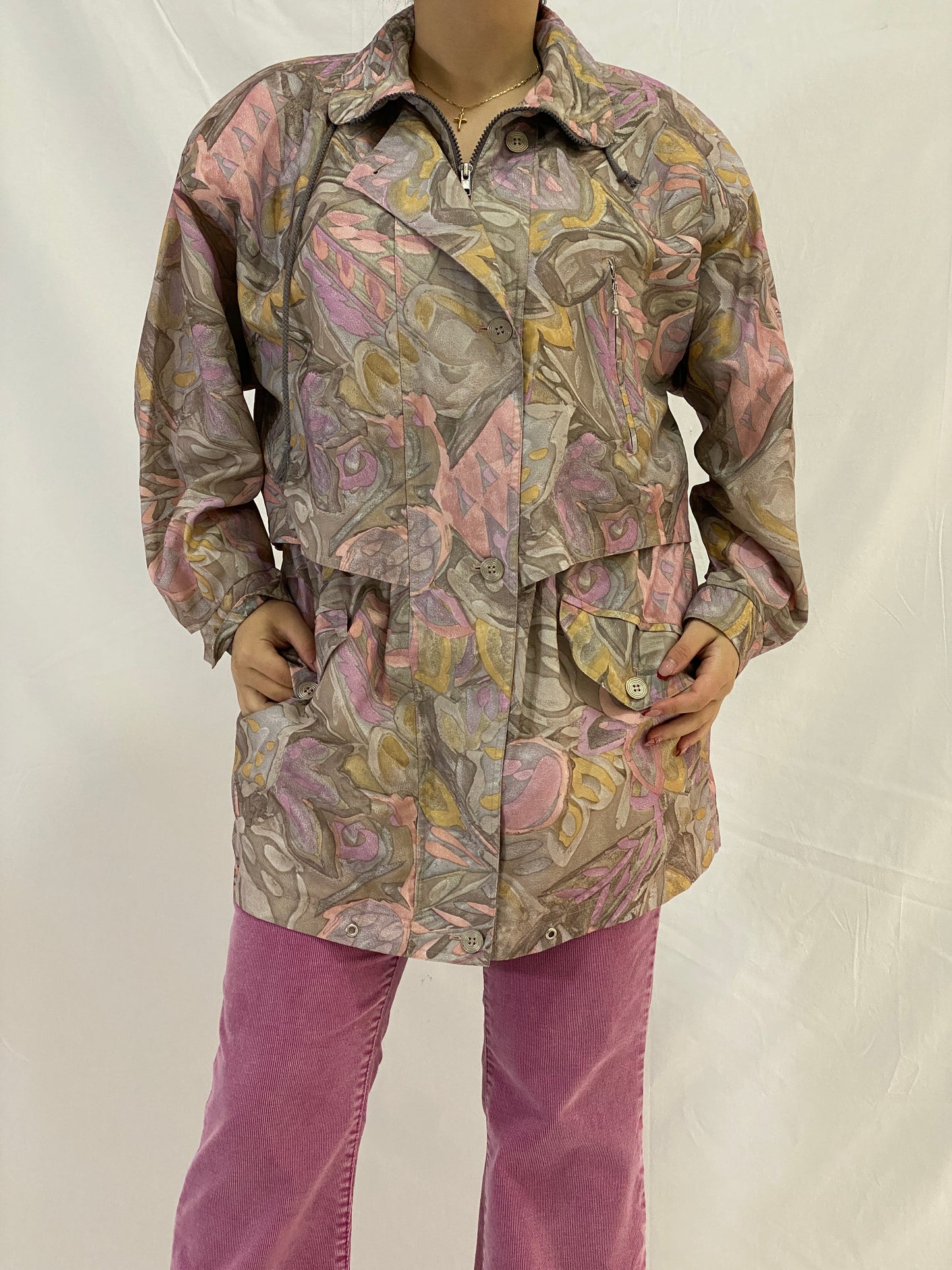 Vintage 90s Pastel Abstract Print Lightweight Windbreaker Jacket - S