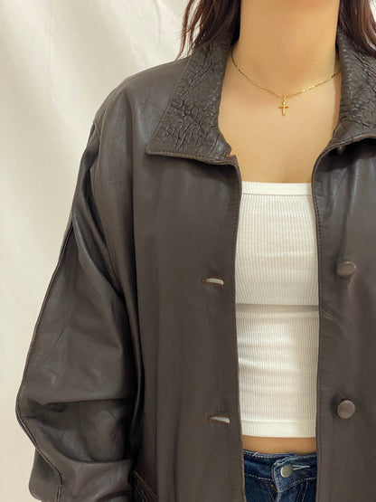 Vintage Brown Leather Coated Oversized Jacket with Textured Collar & Cuff Details - L