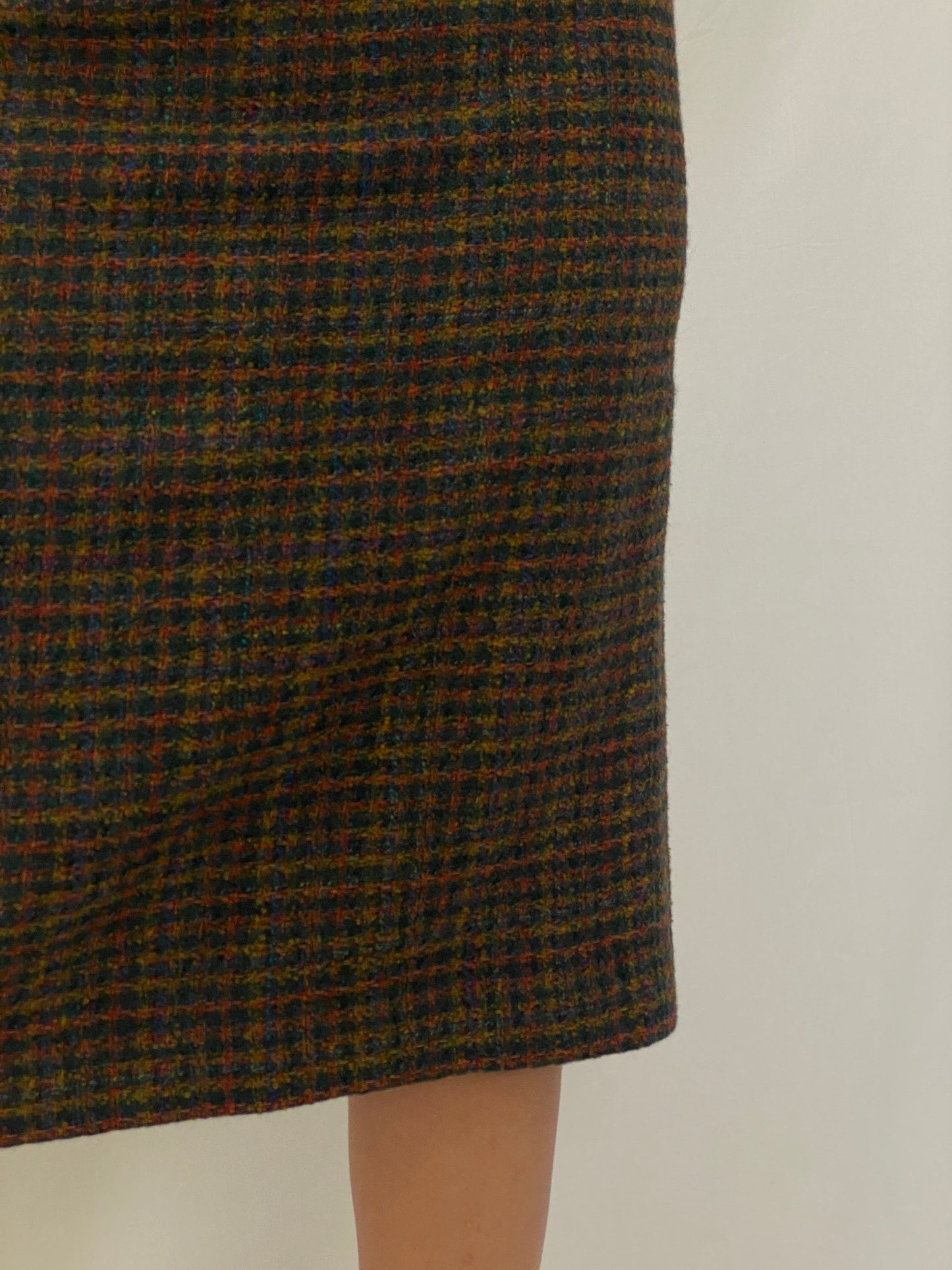 Vintage Solfin Wool-Blend Tweed Pencil Skirt Multicolor Check Plaid High-Waist Midi Skirt - M