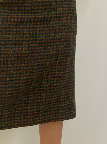 Vintage Solfin Wool-Blend Tweed Pencil Skirt Multicolor Check Plaid High-Waist Midi Skirt - M