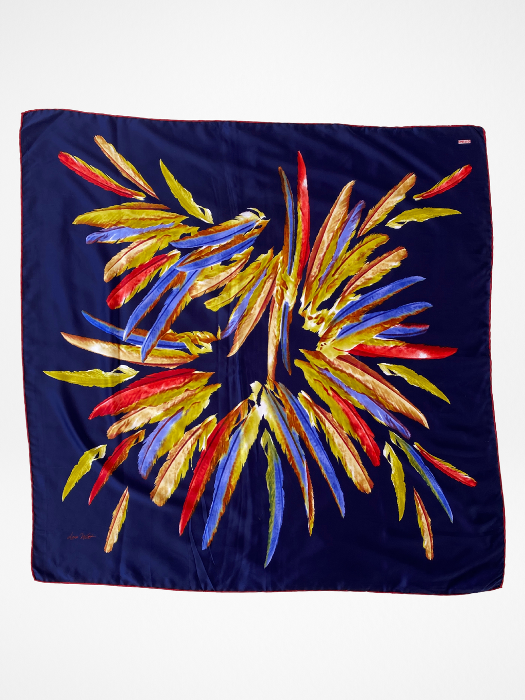 Beautiful Lora West Navy Vibrant Abstract Feather Satin Square Scarf