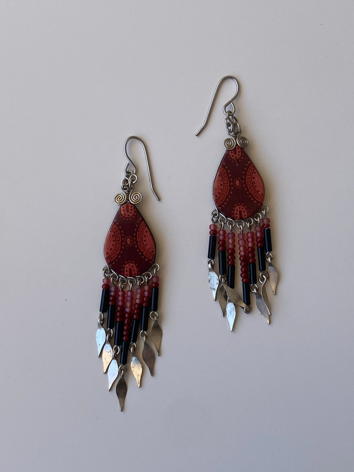 Vintage Boho Beaded Fringe Drop Earrings Tribal Inspired Red & Black Statement Earrings Vintage Boho Beaded Fringe Drop Earrings Tribal Inspired Red & Black Statement Earrings