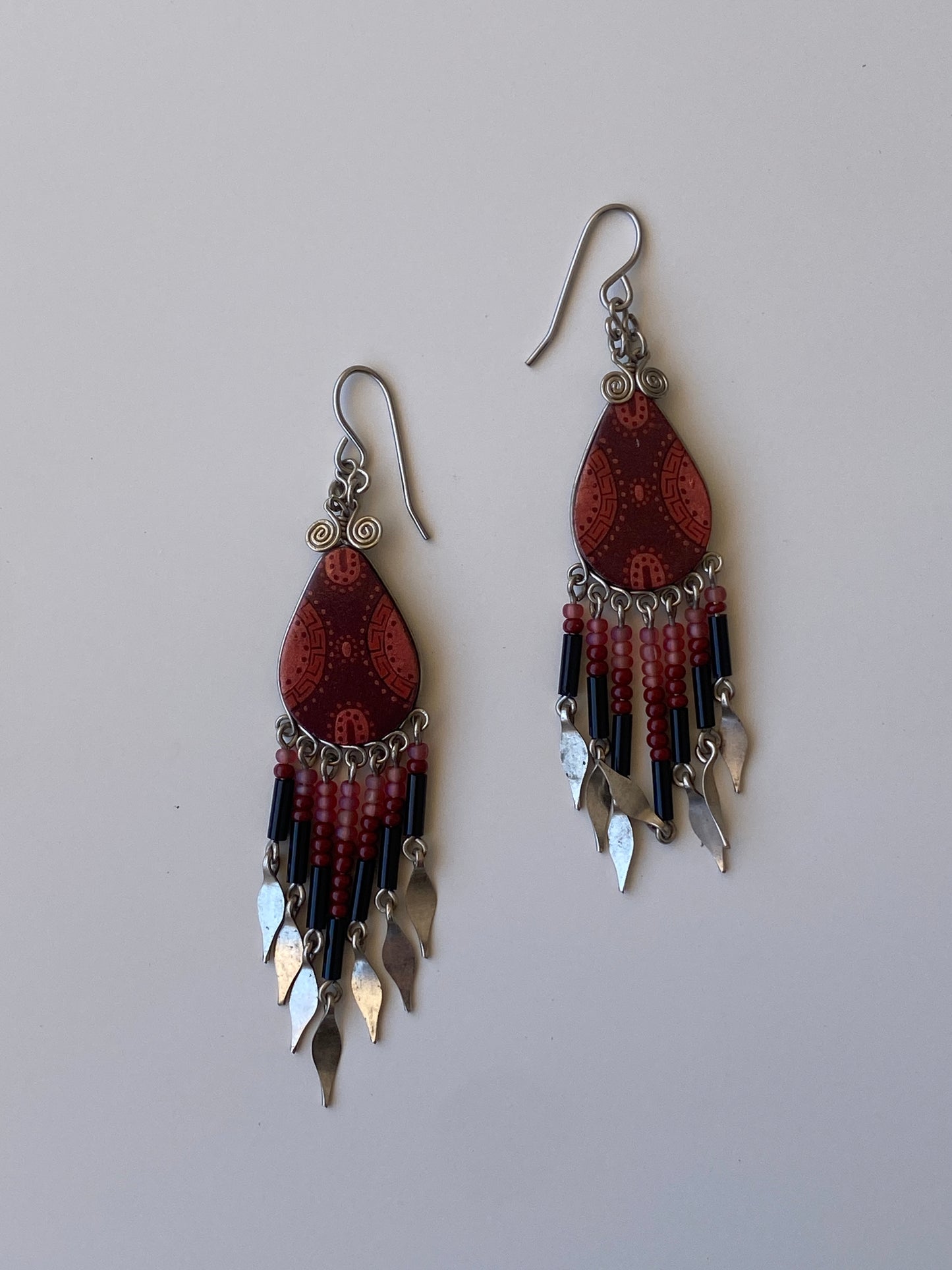 Vintage Boho Beaded Fringe Drop Earrings Tribal Inspired Red & Black Statement Earrings