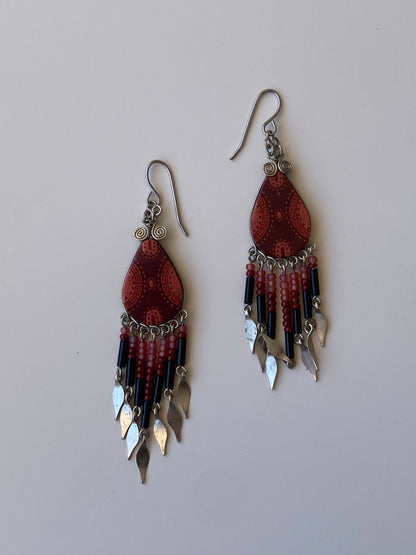 Vintage Boho Beaded Fringe Drop Earrings Tribal Inspired Red & Black Statement Earrings