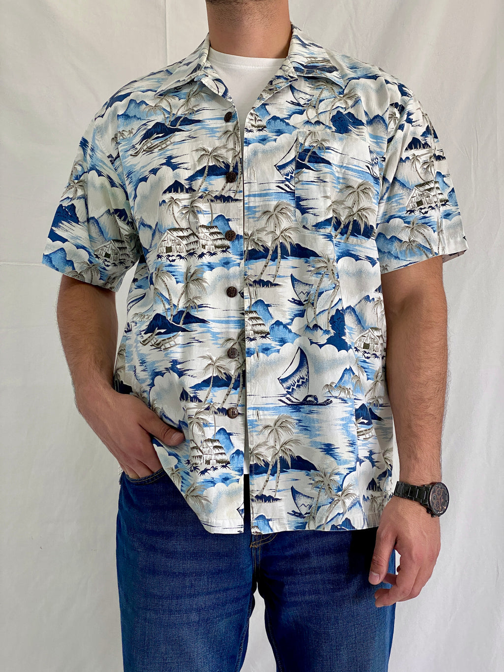 Vintage Cherokee Cotton Tropical Blue Island Men’s Hawaiian Shirt - L